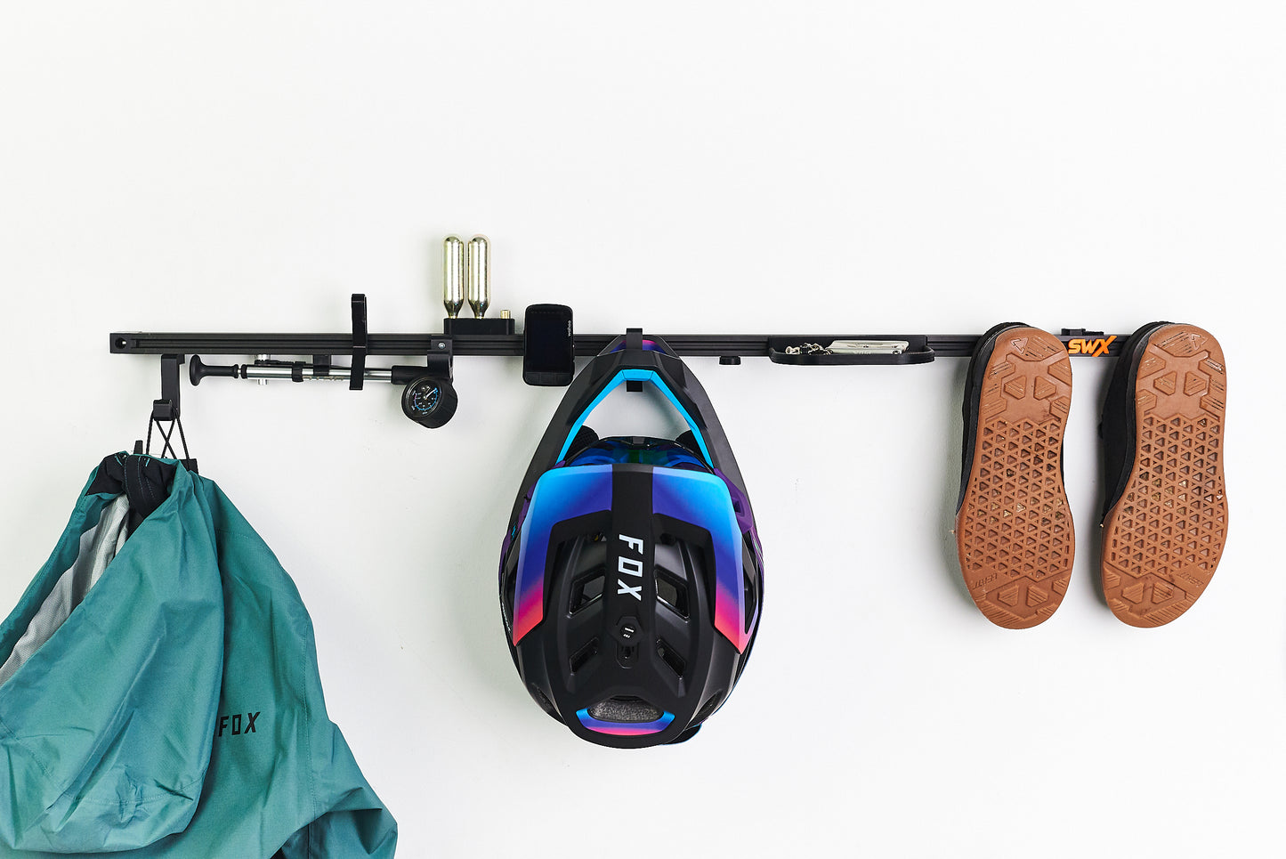 MTB Bicycle Accessories Organizer Rack with 3D Printed Holder and Hooks for Helmet, Shoes, and Efficient Bicycle Gear Organizer with Tools Shelf