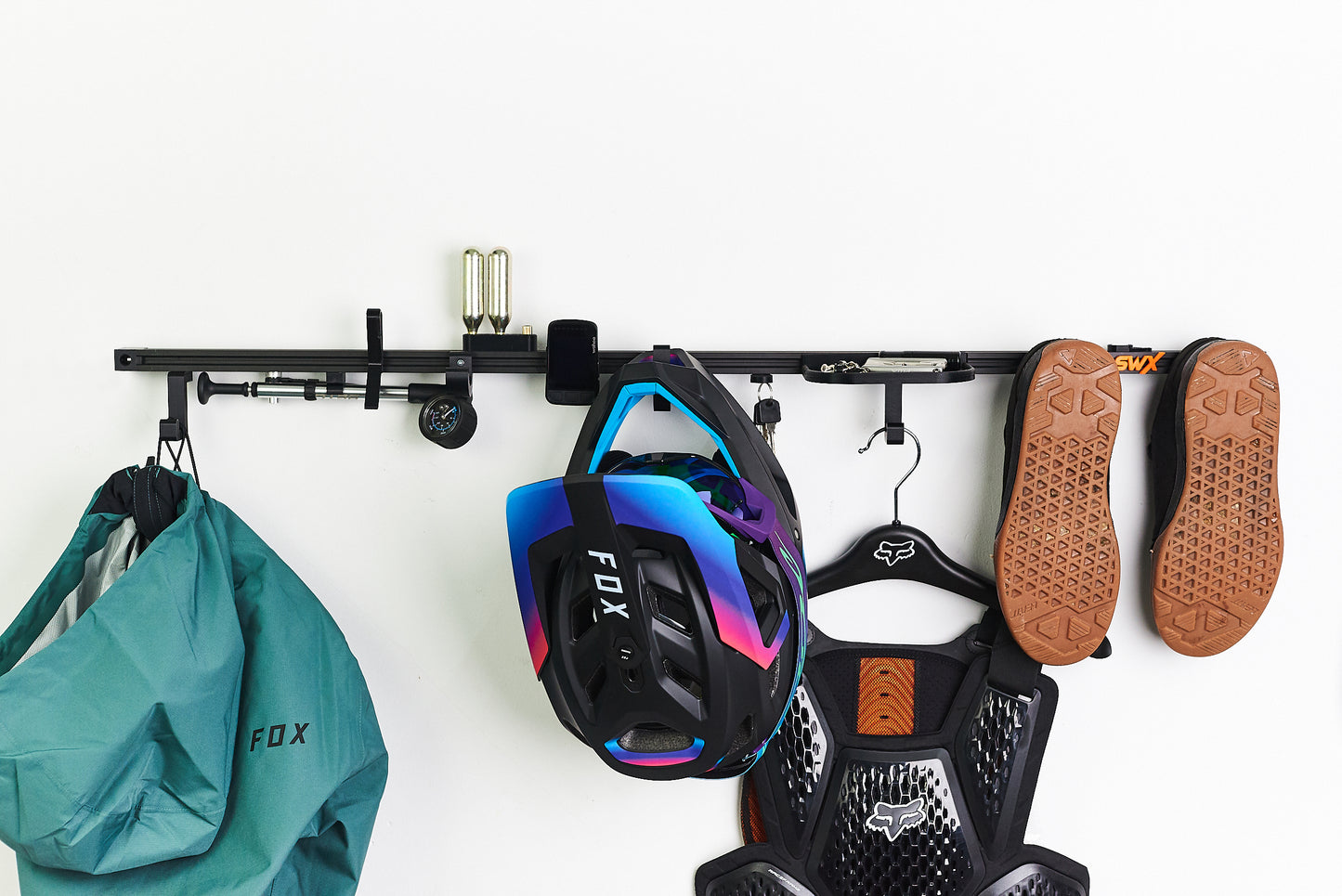 MTB Bicycle Accessories Organizer Rack with 3D Printed Holder and Hooks for Helmet, Shoes, and Efficient Bicycle Gear Organizer with Tools Shelf