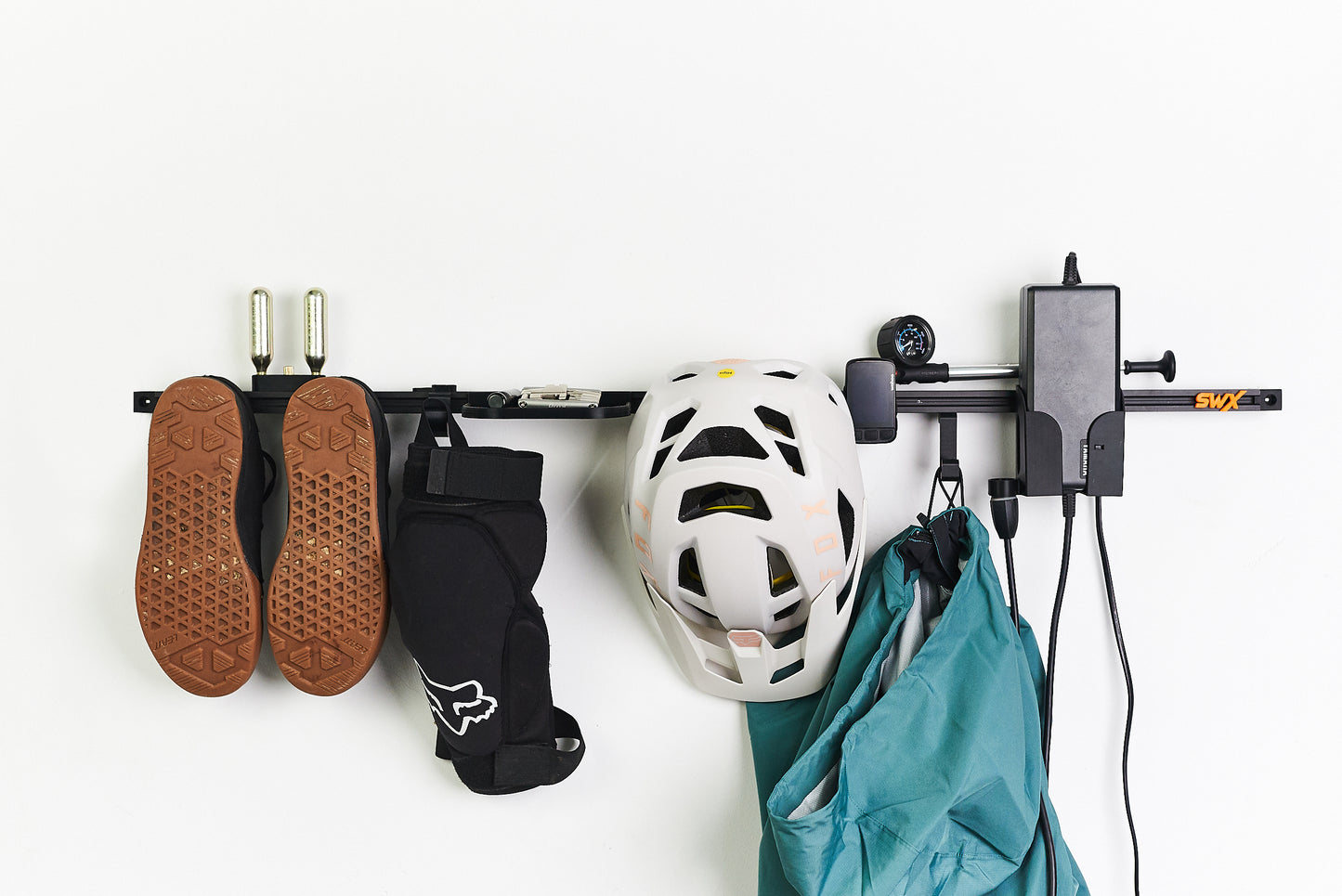 MTB Bicycle Accessories Organizer Rack with 3D Printed Holder and Hooks for Helmet, Shoes, and Efficient Bicycle Gear Organizer with Tools Shelf